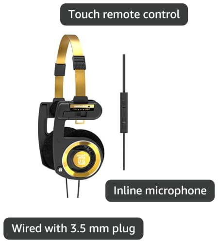 Koss Porta Pro Limited Edition Retro Style On-Ear Headphones, Black Gold | In-Line Microphone, Volume Control and Touch Remote, Includes Hard Carry Case, Wired 3.5mm Plug - color: Black Gold