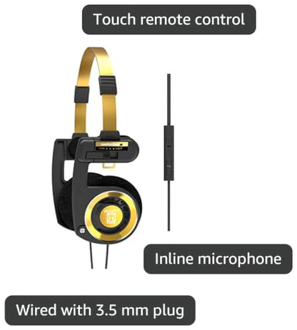 Koss Porta Pro Limited Edition Retro Style On-Ear Headphones, Black Gold | In-Line Microphone, Volume Control and Touch Remote, Includes Hard Carry Case, Wired 3.5mm Plug - color: Black Gold