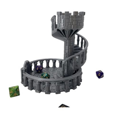 Dice Spiral Dark Castle Dice Tower Dungeons and Dragons RPG Tabletop Roleplaying Game Jail D&D (Random 7PCS D20 Dice Set Included) Silver - color: Silver