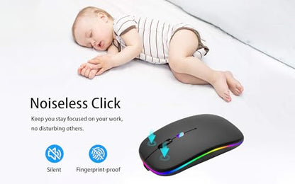 AIKOKOK Wireless Bluetooth Mouse, Rechargeable, Dual Mode Bluetooth 5.2 & 2.4G USB, LED Lights, Slim, Silent, Portable Computer Mouse for Laptop, PC, MacBook, iPad, Tablet (Black) - color: Black