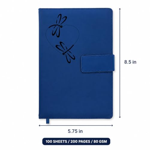 The Amazing Office Dragonfly Heart Refillable Journal, Blue Faux Leather, 200 Lined Pages, 5.75x8.5 Inch Notebook with Magnetic Clasp and Pen Holder, Writing Diary for Women and Men - color: Dragonfly-Heart Blue