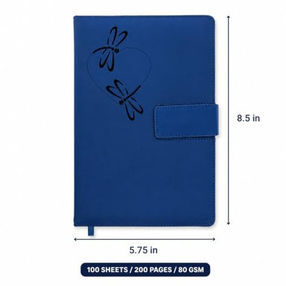 The Amazing Office Dragonfly Heart Refillable Journal, Blue Faux Leather, 200 Lined Pages, 5.75x8.5 Inch Notebook with Magnetic Clasp and Pen Holder, Writing Diary for Women and Men - color: Dragonfly-Heart Blue