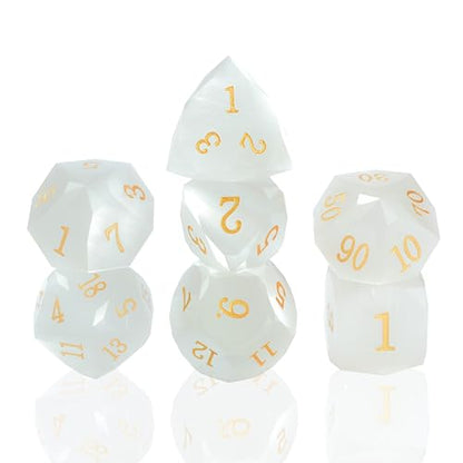 RULE DICE Gemstone DND Dice, Dungeons and Dragons Dice Set 7PCS Polyhedral Gem Stone Dice Set D4 D6 D8 D10 D% D12 D20,Crystal Glass Gem Dice Set with Gift Case - color: Pm-white Ca't Eye