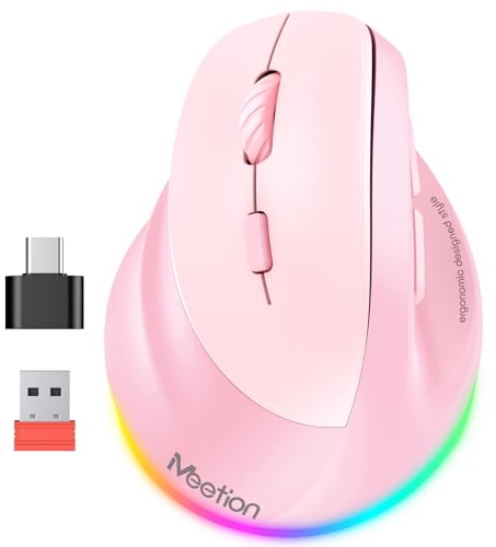 MEETION Left-Handed Mouse, Ergonomic Mouse Wireless Vertical Mouse, RGB Mice for Bluetooth(5.2 + 3.0) & USB-A with Type-c Adapter 4 Adjustable DPI for Mac/Windows/Tablet/iPad/PC Pink - color: Pink （For Large Left hands)