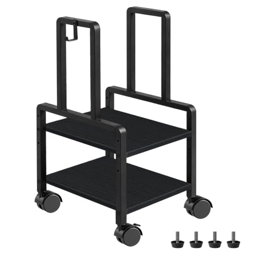 Adjustable 2-Tier PC Stand, Computer Tower Stand with 360° Locking Wheels & Hooks, CPU Cart for Floor, Carpet and Under Desk, 15.2" x 11.8" x 26", Black - color: Black