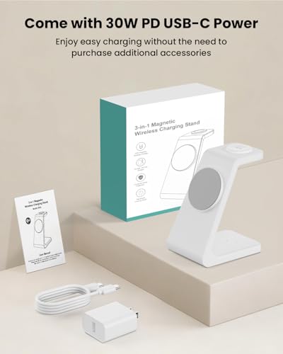 Magsafe Wireless Charging Station for iPhone: Certified 15W Fast Charging Station, 3 in 1 Magnetic Charger Stand for iPhone 17/16/15/14/13/12 Series, Apple Watch, AirPods 4/3/Pro - color: pearl white