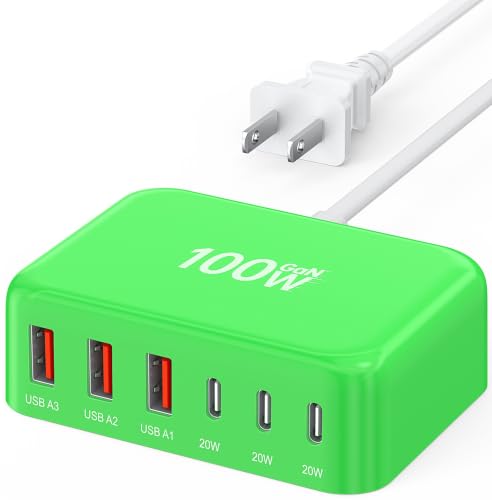[2026 Updated] USB C Fast Charger, 100W GaN 6 Port Type C Charging Station Hub Block Cube, USB C Wall Charger Power Strip Adapter Plug for iPad iPhone 17 16 15 14 Pro Max Pixel Note Galaxy, 5ft Cord - color: E-Green, size: 100W