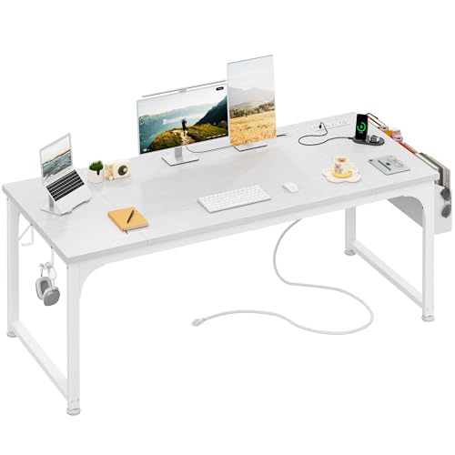 DurayLoly 63 x 24 inch Large Desk, 24mm Thick Heavy Duty Computer Desk with RGB LED & Power Outlets, Gaming Desk with Detachable Stand, Hooks & Storage Bag, 150LBS Load Capacity, White - color: White, size: 63 Inch