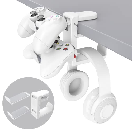 3-in-1 Headset&Controller Holder - EURPMASK Upgraded PC Gaming Headset Stand, Adjustable Clamp-on Headphone Holder,Headphone Controller Hook Under Desk w/ 360 Degree Swivel&Cable Clip Organizer-White - color: White Pro