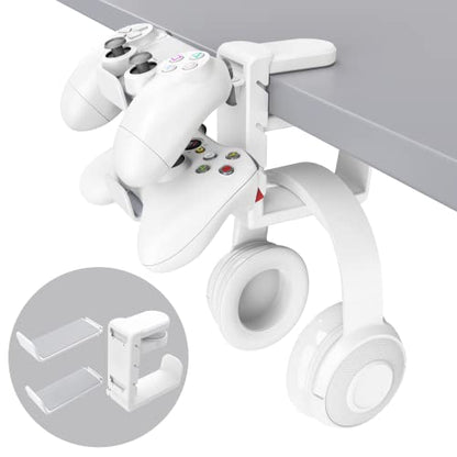 3-in-1 Headset&Controller Holder - EURPMASK Upgraded PC Gaming Headset Stand, Adjustable Clamp-on Headphone Holder,Headphone Controller Hook Under Desk w/ 360 Degree Swivel&Cable Clip Organizer-White - color: White Pro