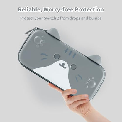 GeekShare Carrying Case Compatible with Switch 2 (2025) 7.9 Inch, Hard-Shell Slim Travel Case with 12 Game Card Slots for Switch 2 Console and Accessories, Gray Cat Ear - color: Grey