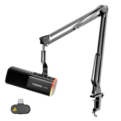 MAONO PD100W Wireless USB Dynamic Microphone, Gaming PC Mic with One-Click Noise Reduction,Mute Button,Custom RGB,3.5mm Headphone Jack,Software,Podcast Streaming Mic (Boom Arm(USB-C Receiver), Black) - color: Black