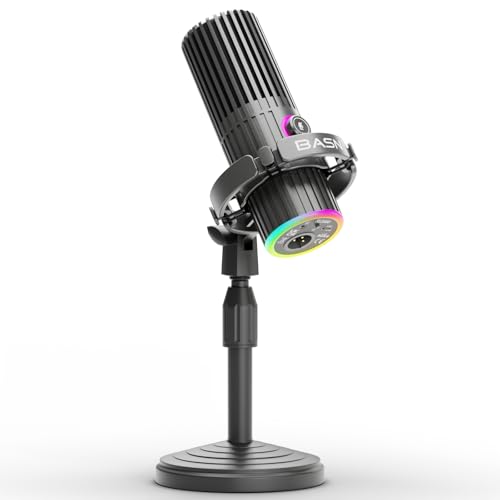 BASN SL2000 USB/XLR Dynamic Microphone for Podcast,Gray | Live Streaming, Gaming Recording with RGB Mute Button, Headphone Monitoring and MIC Stand - color: Gray