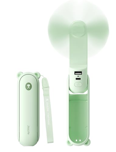 JISULIFE 3 IN 1 Portable Fan with Power Bank & Flashlight Featured | 19H Max Cooling, USB Rechargeable, Pocket-Sized Handheld Fan for Travel, Cruise, Concerts, Makeup, Summer Gifts for Women - color: Light Green