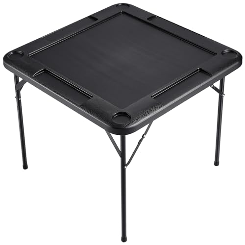 VEVOR Folding Card Table, 4 Player Portable with 4 Cup Holders & Chip Trays, Mahjong Domino Game Set, 35.4 x 35.4-inch, Black - color: Black