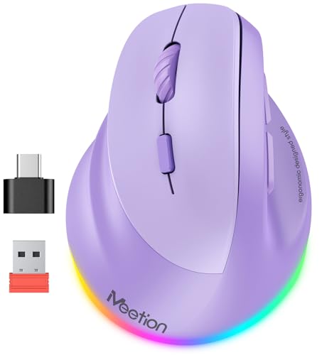 MEETION Left-Handed Mouse, Ergonomic Mouse Wireless Vertical Mouse, RGB Mice for Bluetooth(5.2 + 3.0) & USB-A with Type-C Adapter 4 Adjustable DPI for Mac/Windows/Tablet/iPad/PC Purple - color: Pastel Purple