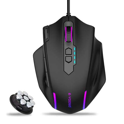 E-YOOSO Wired Large Gaming Mouse, RGB Backlit, 5 Macro Side Buttons, 200-12400 DPI, 11 Programmable Buttons, Rapid Fire Button, Adjustable Weights, Software Supports, Ergonomic for PC/Mac, Black