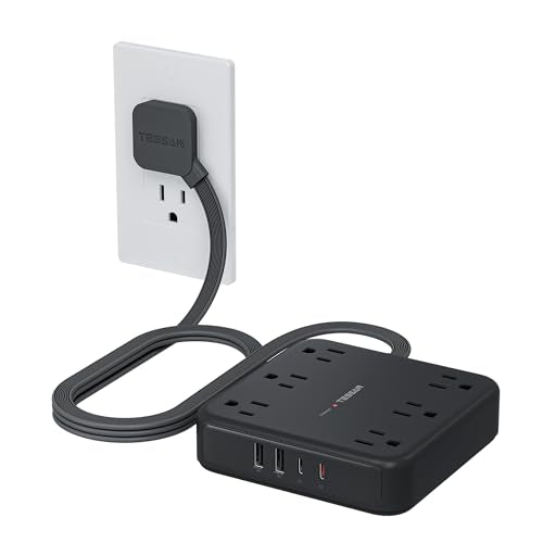 TESSAN 5Ft Black Extension Cord with Multiple Outlets, Flat Plug | 2100 Joules Surge Protector Power Strip, 6 Outlets and 4 USB Ports (2 USB C), Outlet Extender for Home, Office, Dorm - color: Black, size: 5 FT