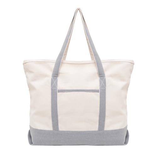 Gray Canvas Zippered Tote Bag - 22 Inches, Heavy-duty, Reusable, Washable, Foldable, and Multi-purpose 100% Cotton Canvas Tote Bag - Perfect for Beach, Library or Shopping (Gray) - color: Gray