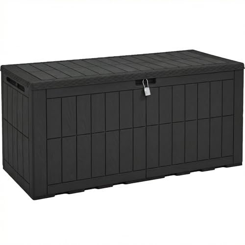 YITAHOME 134 Gallon Large Outdoor Storage Box with Lock | Waterproof Deck Box with Hydraulic Piston for Garden Tools, Pool Accessories & Cushions, Resin Deck Organizer with Bench - color: Black, size: 134 Gallon, style: Deck Box
