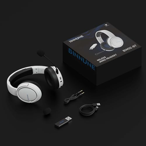 BINNUNE Wireless Gaming Headset — 2.4GHz Low-Latency USB Dongle + Bluetooth, 50mm Drivers 7.1 Surround, Noise-Cancelling Mic, 40H Battery — Over Ear Wireless Headphones for PS5, PC, Laptop, White - color: White, style: For PS5