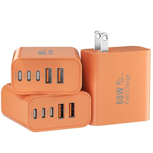 USB C Fast Wall Charger Block, 3Pack 60W USBC Charging Cubes, 5-Port PD+QC Power Adapter Multiport Brick Type C Box Plug for Phone 17/16/15/14/13/12/11/Pro Max/Plus, Pad Mini/Pro/S25/S24-Orange - color: Orange-3Pack