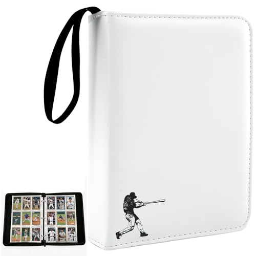 PU Leather Baseball Card Binder,Double Sided White Card Binder 9 Pocket Holds 900 Cards,50 Removable Sleeves Baseball Cards Binder,3 Ring Zipper Holder Sports Cards Collection for TCG, MTG - color: White, size: Large