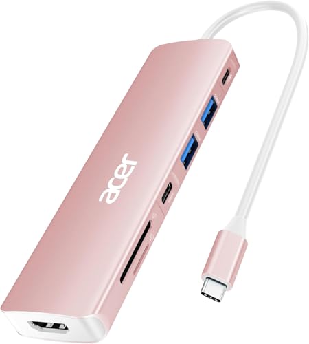 Acer USB C Hub, 7 in 1 USB-C to HDMI Multi-Port Adapter, 2 USBA 3.1 GEN1 and 5Gbps Type-C Data Port, 4K HDMI Port, PD 100W Charging, SD Card Reader for iPad Pro MacBook Pro Laptops and More(Pink) - color: Pink