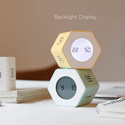 mooas Multi-Hexagon Clock Timer, Cube, Backlight, Countup/Down (Yellow) | 6 Preset Times, Productivity Timer, 12/24H Clock, Battery Operated, Sound/Mute, Easy to Use, Exercise, Study, Cooking, Work - color: Yellow