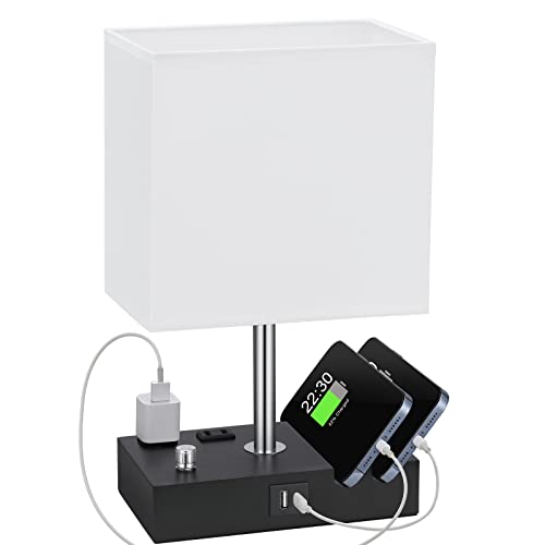 White Table Lamp for Bedroom - Stepless Dimmable, USB C+A, 2 AC Outlets | Dimming By Rotary Knob, USB C+A Ports, 2 Phone Stands, LED Bulbs Included, Rectangle White Lampshade, for Living Room, Desk - color: White with Knob Switch, size: 1 Pack