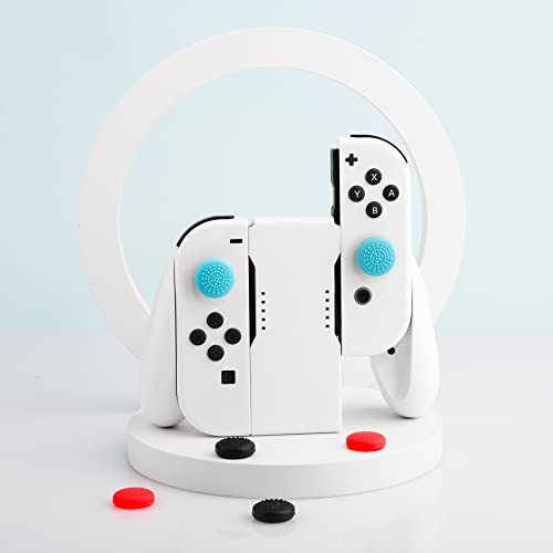 GLDRAM Joypads Charger for Nintendo Switch & Switch OLED Accessories, Switch Controller Charging Grip with LED Indicator, Charging Cable and 6 Thumb Caps, Charger Dock Stand-White