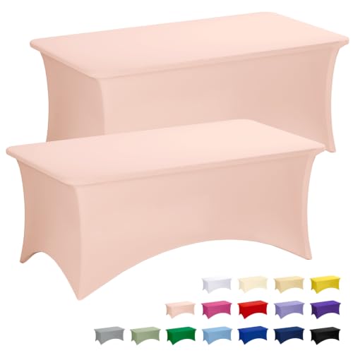 Fixwal Pink Stretch Table Cloth Rectangle 2 Pack 6FT, Spandex Fitted Table Covers Washable for Party, Trade Show, Banquet, Wedding, Buffet - color: Light Pink, size: 6 Ft