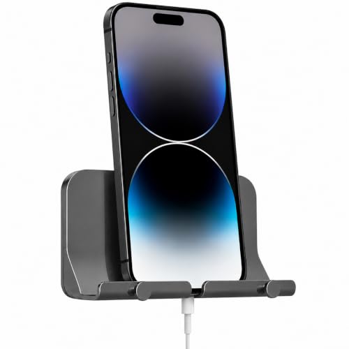 Wall Mount Phone Holder with Cable Hole & Hooks, Adhesive Wall Phone Holder, Phone Charging Dock & Organizer for Bedroom, Bathroom, Kitchen, Office, Dorm & RV (Grey) - color: Grey