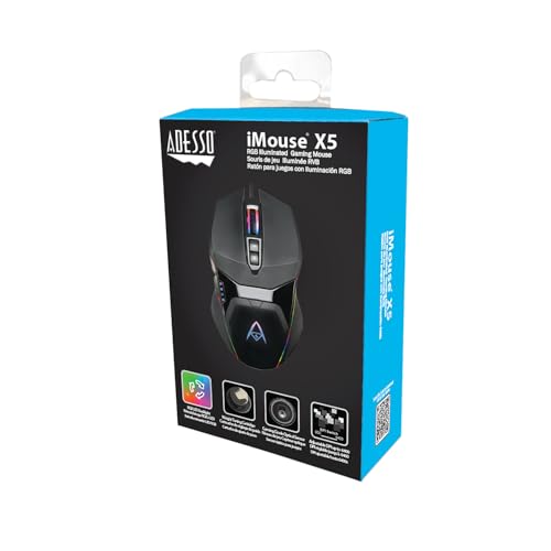 Adesso iMouse X5 USB RGB Illuminated Gaming Mouse, 7 Buttons | Adjustable Weight, 6 Level DPI Switch up to 6400, Ergonomic Design for Right-Handed Gamers, Multi-Color LED Backlight