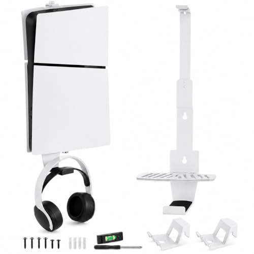 Heavy-Duty Steel Wall Mount Kit Compatible with PS5 Slim, Pro and Original | Secure EVA-padded support, complete install kit, easy setup, open airflow, holders for 2 controllers and headset - color: White