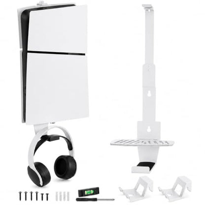 Heavy-Duty Steel Wall Mount Kit Compatible with PS5 Slim, Pro and Original | Secure EVA-padded support, complete install kit, easy setup, open airflow, holders for 2 controllers and headset - color: White