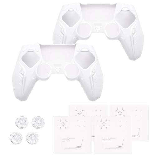 PlayVital 2 Pack Silicone Skin Set for PS5 Controller - Charging Dock Compatible, Full Protection Case with Futuristic CyberMech Design, Soft Cover with Thumb Grips & Stickers - White - color: 2 White