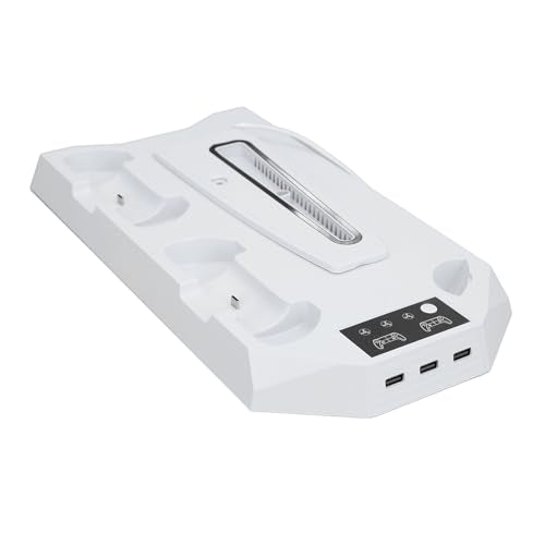 Cooling Stand with Dual Controller Charger, Quiet Adjustable Fan Vertical Station for Slim Disc Digital Edition, 3 USB Hub Console Stand for 5 Accessories (White)