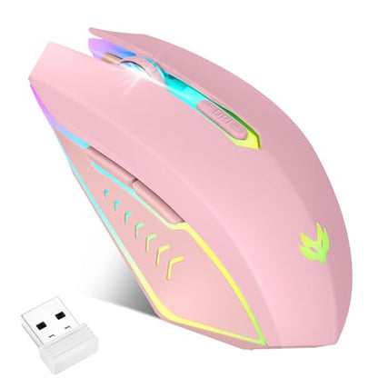 Wireless Gaming Mouse, Rechargeable Computer Mouse, 7-Color LED Light, Ergonomic Mouse with 6 Silent Click Buttons, 3 Adjustable 2400 DPI Wireless Mouse for Laptop,PC,Mac, Pink - color: Pink