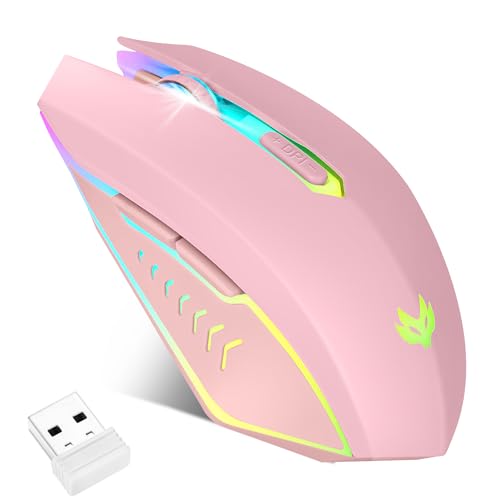 Wireless Gaming Mouse, Rechargeable Computer Mouse, 7-Color LED Light, Ergonomic Mouse with 6 Silent Click Buttons, 3 Adjustable 2400 DPI Wireless Mouse for Laptop,PC,Mac, Pink - color: Pink