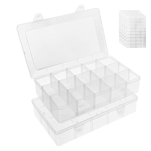 Umirokin 2 Pack 15 Grids Clear Plastic Organizer Box with Adjustable Dividers, Craft Storage Containers for Jewelry, Beads, Screws, Tackle Box, Washi Tapes, Small Parts Organizer for Arts and Crafts - size: 15 Girds 2 Packs