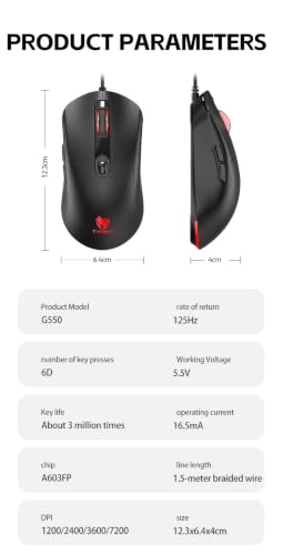 Wired Gaming Mouse, 7200 Adjustable DPI, 6 programmable Buttons, 3 Million-Click lifespan, 1.5-Meter Braided Cable, red Non-Slip Grip pad—for PC Gaming and Office use
