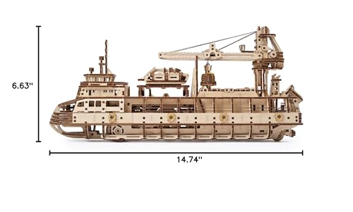 UGEARS Research Vessel 3D Wooden Puzzles for Adults - Wooden Model Kits for Adults Model Ship Kit for Adult Mechanical Model Kit Puzzle Brain Teaser Hobby Set Home Decoration