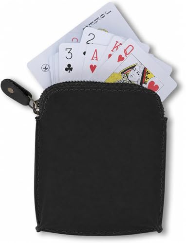 Premium Full Grain Leather Playing Card Case, Zippered Playing Card Holder for Poker Bridge Cards, Durable Leather Card Deck Storage Organizer Travel Card Carrying Pouch Multi Purpose Wallet - color: Black