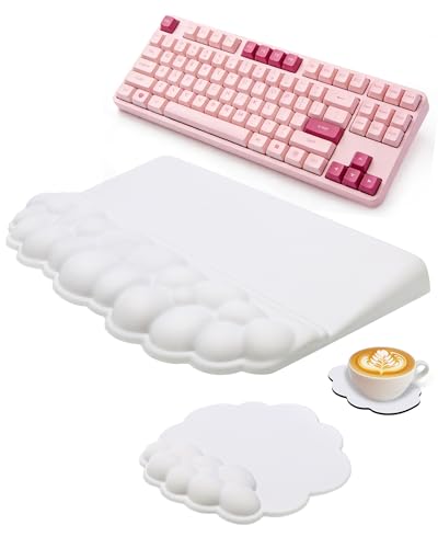 Cloud Wrist Rest Set for Keyboard and Mouse, Cute Memory Foam Wrist Support & 2-in-1 Adjustable Keyboard Stand, Silky Lycra Surface, Two Typing Angles, Non-Slip Base (White) - color: White