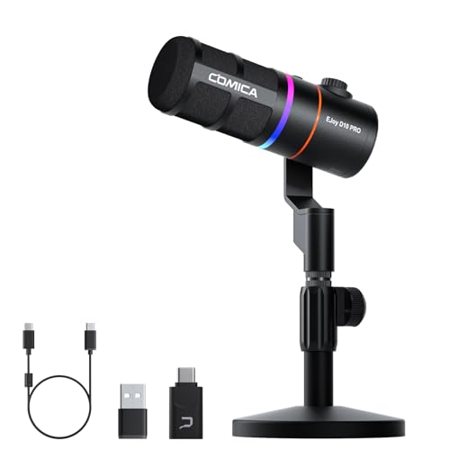 COMICA EJoy D10(D) USB/XLR Gaming Microphone with Noise Cancel, Boom Arm | Cardioid Dynamic Studio Mic, 48khz/24bit, 4-Level Gain & Real-Time Monitor, Streaming Microphone for Gamers & Streamer Pc/Ps5 - color: Black