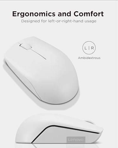 Lenovo 300 Wireless Mouse – Computer Mouse for PC, Laptop with Windows – Ambidextrous Design – 2.4 GHz Nano USB Receiver – 12 Month Battery Life - color: Cloud Grey