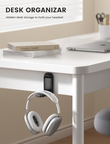 Lamicall Headphone Stand, Sticky Headset Holder - [Foldable & Compact] Headphone Holder Hook Mount, Adhesive Hanger Clip Under Desk, Earphone Clamp for Airpods Max, HyperX, Sennheiser, Black - color: Black