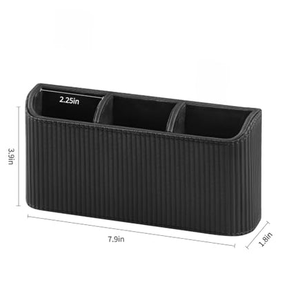 Remote Control Holder Wall Mount TV Remote Holder Caddy Organizer | PU Leather, Self Adhesive, 3 Compartments, Soft Velvet Lining, Aesthetic Stripes - color: Black