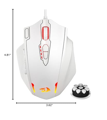 Redragon M908 Impact RGB LED MMO Gaming Mouse with 12 Side Buttons, Optical Wired Ergonomic Mouse with Max 12,400DPI, High Precision, 18 Programmable Macro Shortcuts, Comfort Grip, White | Stable Lag-Free Connection, Redefine Keybinding Macro, Vibing Back